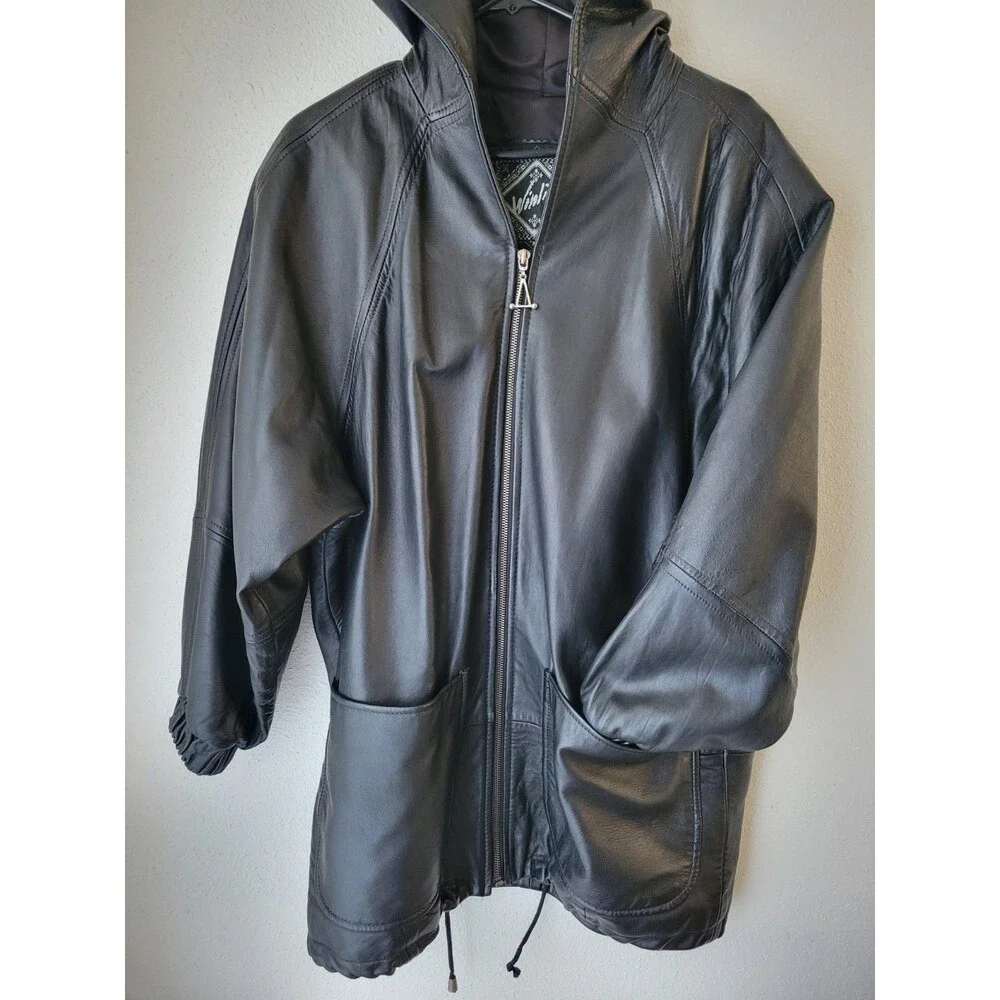 Winlit Vintage Black Leather Hooded Jacket S Longline 90s Y2K Streetwear
